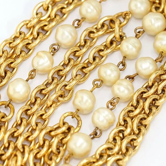CHANEL Double Chain Pearl Long Necklace 37" Gold Tone Auth w/Box l1140 - Picture 10 of 16